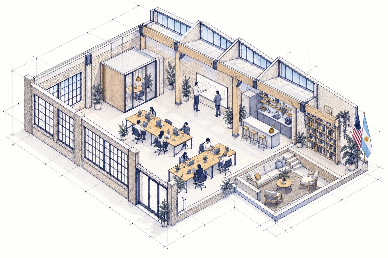 Architectural blueprint of a shared San Francisco loft with Argentine and American flags, worktables, a lounge and a mate bar